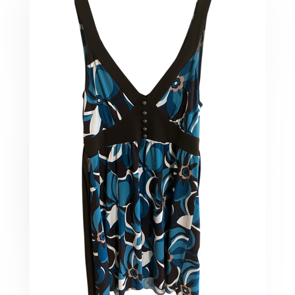 Y2K Blouse Top Dress IZ Byer Geometric Blue Brown Back Tie Button‎ Detail Small - Picture 8 of 11